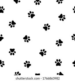 Dog paw seamless pattern background. Animal footprint vector illustration on white.
