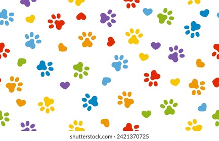 Dog paw seamless pattern cat footprint. Colorful background. Pets adoption. Veterinary care and facilities. Homeless pet rescue