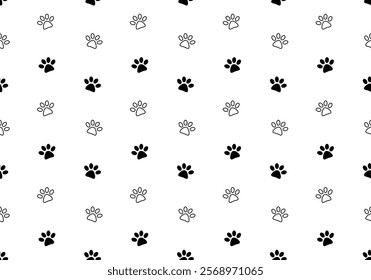 Dog paw seamless pattern cat footprint. Black and white background. Pets adoption. Veterinary care and facilities. Homeless pet rescue. Paw texture