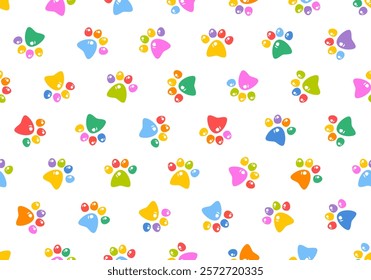 Dog paw seamless pattern cat footprint. Colorful background. Pets adoption. Veterinary care and facilities. Homeless pet rescue