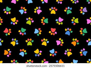 Dog paw seamless pattern cat footprint. Colorful background. Pets adoption. Veterinary care and facilities. Homeless pet rescue