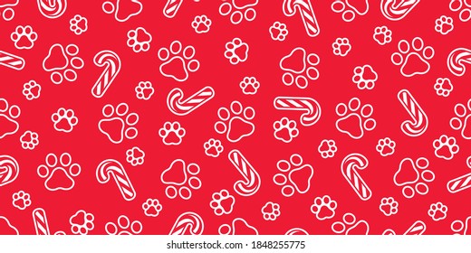 dog paw seamless pattern christmas candy cane footprint french bulldog puppy vector pet cartoon repeat wallpaper tile background scarf isolated illustration doodle design