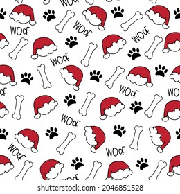 Dog paw seamless pattern for Christmas - paw print, and Santas hat, bone and woof text. Good for textile print, wrapping paper, and other gifts design.