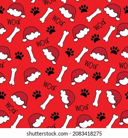 Dog paw seamless pattern for Christmas - paw print, and Santas hat, bone and woof text on red backgound. Good for textile print, wrapping paper, and other gifts design.