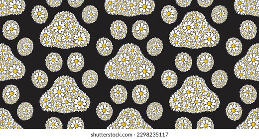 dog paw seamless pattern footprint flower daisy vector french bulldog puppy pet toy bone breed cartoon doodle repeat wallpaper tile background illustration isolated