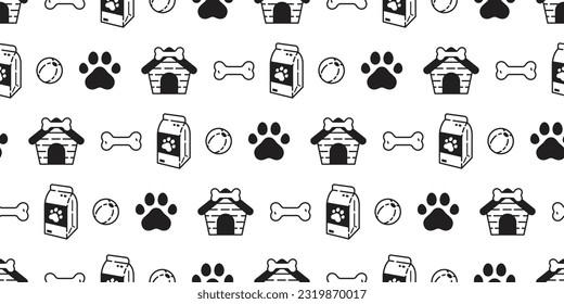 Dog paw seamless pattern footprint milk bottle pet bone ball toy vector puppy food french bulldog house icon cartoon gift wrapping paper scarf isolated tile background repeat wallpaper design clip art