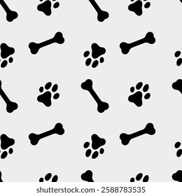 Dog Paw Seamless pattern. Dog footprint and bone repeating pattern. Black and white pattern with dog tracks and bone