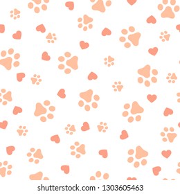 Dog Paw seamless pattern with hearts vector footprint kitten puppy heart tile background repeat wallpaper cartoon isolated illustration white coral color- Vector illustration