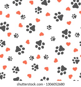 Dog Paw seamless pattern with hearts vector footprint kitten puppy heart tile background repeat wallpaper cartoon isolated illustration white - Vector illustration