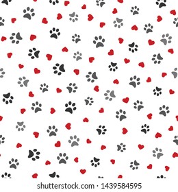 Dog Paw seamless pattern with hearts vector footprint kitten puppy heart tile background repeat wallpaper cartoon isolated illustration white - Vector illustration