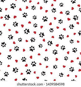 Dog Paw seamless pattern with hearts vector footprint kitten puppy heart tile background repeat wallpaper cartoon isolated illustration white - Vector illustration