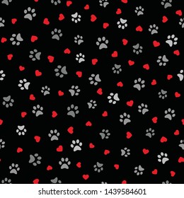 Dog Paw seamless pattern with hearts vector footprint kitten puppy heart tile background repeat wallpaper cartoon isolated illustration white - Vector illustration