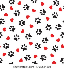 Dog Paw seamless pattern with hearts vector footprint kitten puppy heart tile background repeat wallpaper cartoon isolated illustration white - Vector illustration