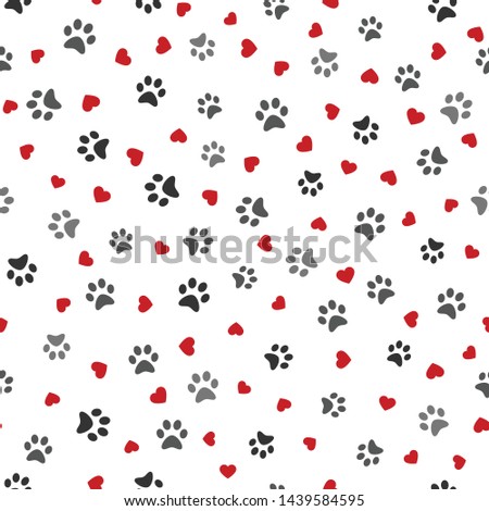 Dog Paw seamless pattern with hearts vector footprint kitten puppy heart tile background repeat wallpaper cartoon isolated illustration white - Vector illustration