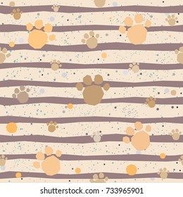 Dog Paw Seamless Pattern on striped background with tiny dots. Vector Illustration. 
