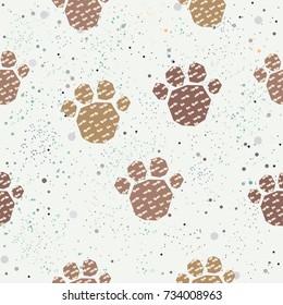 Dog Paw Seamless Pattern on dark background with tiny dots. Vector Illustration.