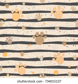 Dog Paw Seamless Pattern on dark background with tiny dots. Great for prints for t-shirts, kitchen utensils(like plates, cups), pillows, blankets, etc. Vector Illustration.
