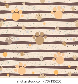 Dog Paw Seamless Pattern on striped background with tiny dots. Vector Illustration.
