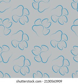 Dog paw seamless pattern, pet paw silhouette, linocut style, hand drawn, one line, blue and gray background