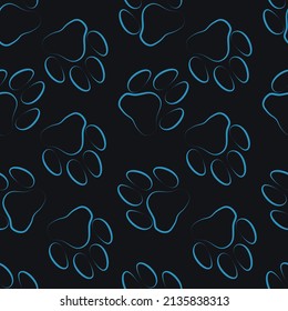 Dog paw seamless pattern, pet paw silhouette, linocut style, hand drawn, one line, blue and gray background