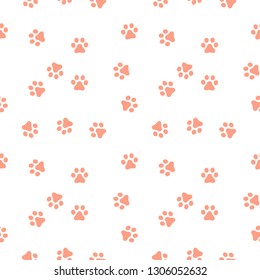 Dog Paw seamless pattern vector footprint kitten puppy tile coral color background repeat wallpaper cartoon isolated illustration white - Vector illustration