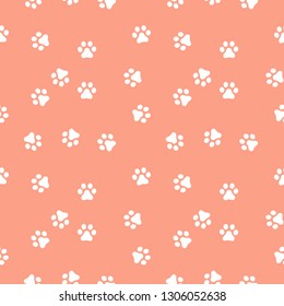 Dog Paw seamless pattern vector footprint kitten puppy tile coral color background repeat wallpaper cartoon isolated illustration white - Vector illustration