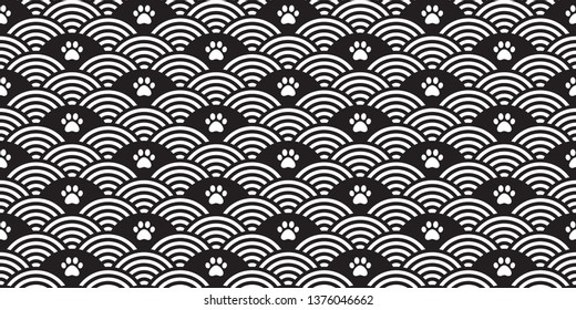 Dog Paw seamless pattern vector japan wave footprint pet ocean scarf isolated cartoon cat repeat wallpaper tile background