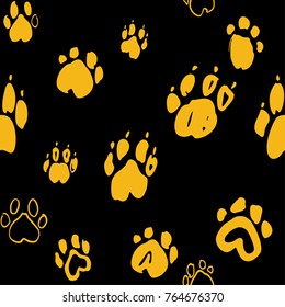 Dog paw seamless pattern. Yellow paws prints on a black. Animal vector monochrome background.