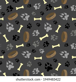 Dog paw seamless vector pattern. Dog footprint and bones texture.  Pattern wallpaper background.  Seamless pattern with dog paw footprint, dog collar and bones. Vector illustration.