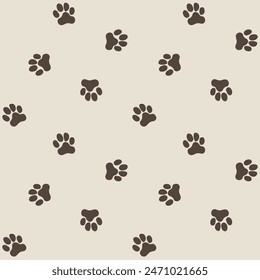 Dog paw seamless vector pattern background. Fun scattered neutral canine backdrop. Ecru beige animal repeat for doggie and pet products. Small elements all over print.