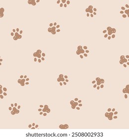 Dog paw seamless vector pattern. Beige animal repeat for doggie and pet products. Small elements all over print.