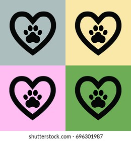 Dog paw sign icon in heart,set of icons.Pets symbol.Vector illustration