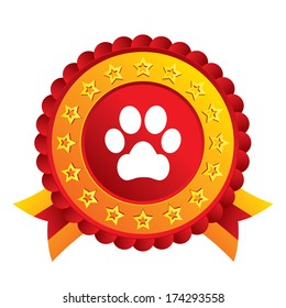 Dog paw sign icon. Pets symbol. Red award label with stars and ribbons. Vector
