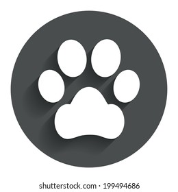 Dog paw sign icon. Pets symbol. Circle flat button with shadow. Modern UI website navigation. Vector