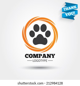 Dog paw sign icon. Pets symbol. Business abstract circle logo. Logotype with Thank you ribbon. Vector