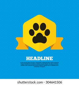 Dog paw sign icon. Pets symbol. Yellow label tag. Circles seamless pattern on back. Vector