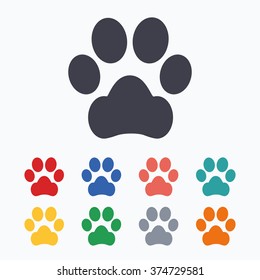 Dog paw sign icon. Pets symbol. Colored flat icons on white background.