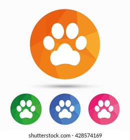 Dog paw sign icon. Pets symbol. Triangular low poly button with flat icon. Design of flat paw symbol. Paw web icon. Paw sign for logo. Paw picture. Paw sign for app interface. Paw simple icon. Vector
