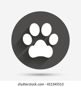 Dog paw sign icon. Pets symbol. Circle flat button with shadow. Vector