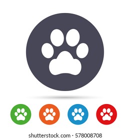 Dog paw sign icon. Pets symbol. Round colourful buttons with flat icons. Vector
