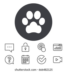 Dog paw sign icon. Pets symbol. Calendar, Locker and Speech bubble line signs. Video camera, Statistics and Question icons. Vector