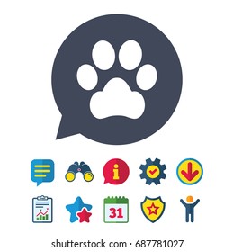 Dog paw sign icon. Pets symbol. Information, Report and Speech bubble signs. Binoculars, Service and Download, Stars icons. Vector