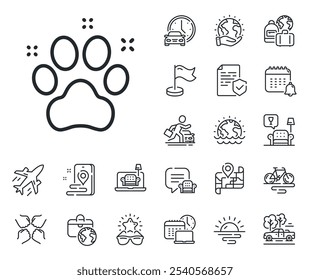 Sinal de pata de cachorro. Avião a jato, mapa de viagens e ícones dos contornos de reclamação de bagagem. Ícone de linha amigável para animais. Símbolo de serviço de hotel. Sinal de linha amigável animal de estimação. Aluguer de carros, ícone de transporte de táxi. Local. Vetor