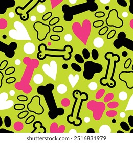 Dog paw  silhouette with bones and pink heart seamless pattern. Good for textile paper print, card, poster, another design. 