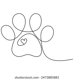 Dog paw  single line art, continuous one line drawing of  Isolated outline vector art
