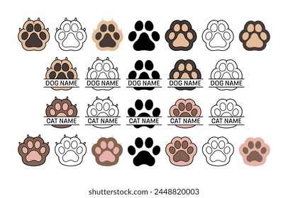 Dog Paw Split Name Frame Cat Paw Print Silhouette Pet Footprint Outline