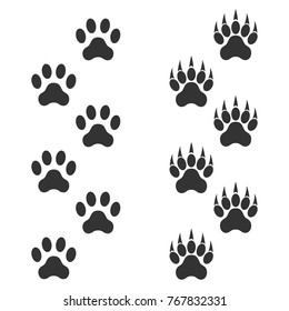 Dog paw and tiger paw with claws. Trace animal. Black footprints isolated on white background. Vector illustration for your design.