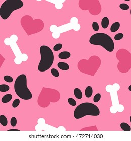 Dog Paw Trace Silhouette With Bones And Pink Heart Seamless Pattern. Good For Textile And Paper Print, Card, Poster, Another Design. Cute Funny Love Vector Illustration. Pet Logo.