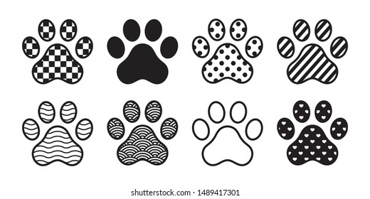 dog paw vector icon footprint checked pattern polka dot heart stripes french bulldog cartoon symbol character illustration doodle design