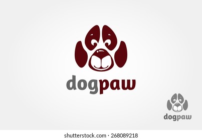 Dog Paw Vector Logo Template. The idea of this logo try to incorporate between dog face and a paw. It's fun, creative, and interesting logo, good for pet logo, pet shop, pet hospital or veterinary.